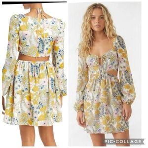 WAYF Yellow Pink Paisley Floral Mini Dress Sweetheart Neck Balloon Sleeve